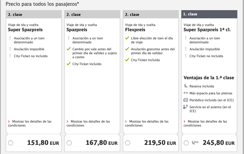 Tipos de tarifas a la hora de comprar un billete en la Deutsche Bahn (DB)
